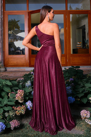 Sparkly Burgundy One Shoulder A Line Ruched Prom Dress